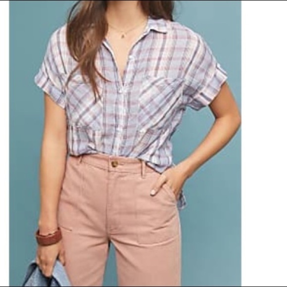 ANTHROPOLOGIE Cloth & Stone Plaid Button Down Chest Pockets Tie Front Top Small - Picture 3 of 11